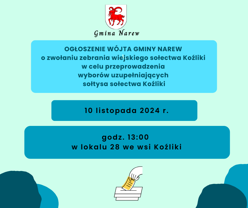 OGŁOSZENIE WÓJTA GMINY NAREW o zwołaniu zebrania wiejskiego sołectwa Koźliki w celu przeprowadzenia wyborów uzupełniających sołtysa sołectwa Koźliki 1 2