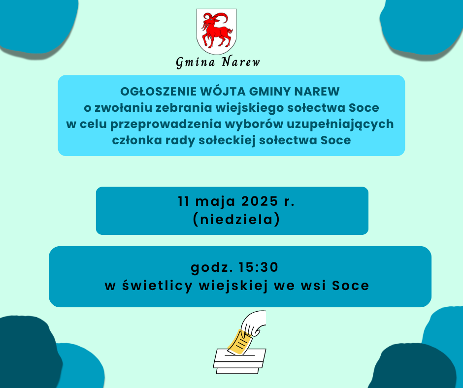 OGŁOSZENIE WÓJTA GMINY NAREW o zwołaniu zebrania wiejskiego sołectwa Koźliki w celu przeprowadzenia wyborów uzupełniających sołtysa sołectwa Koźliki 6