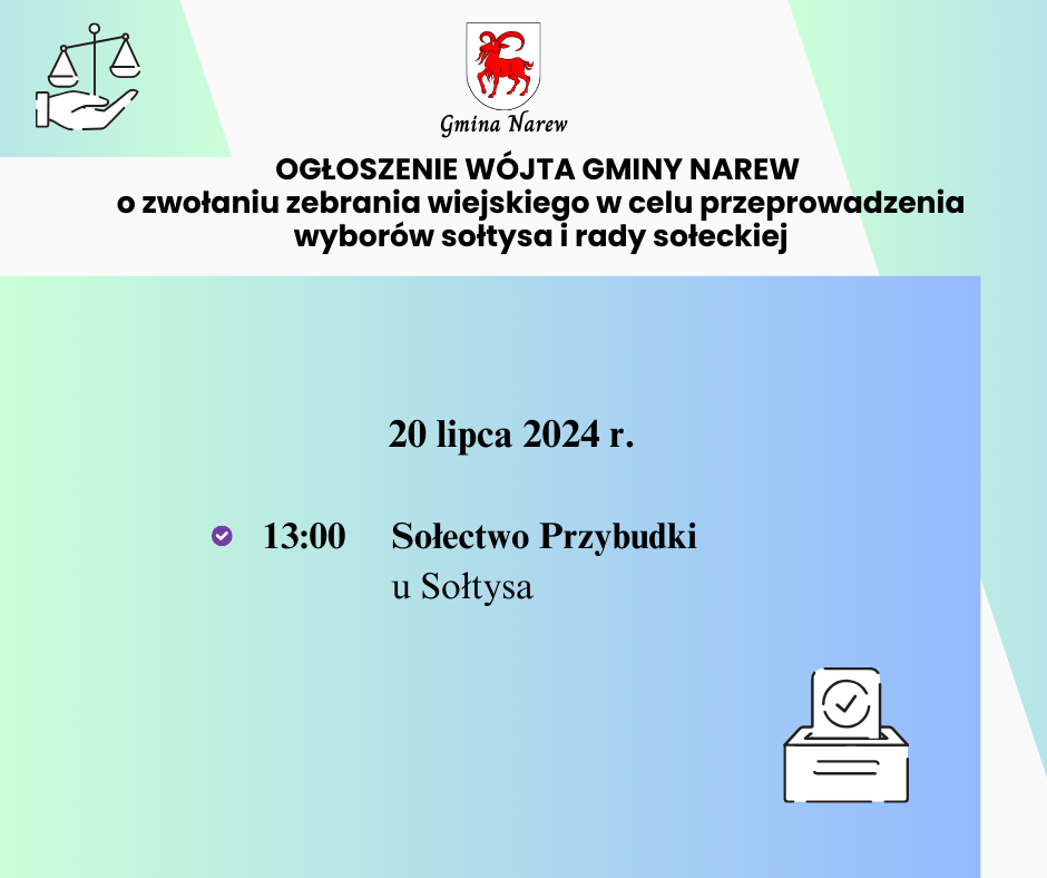 OGŁOSZENIE WÓJTA GMINY NAREW o zwołaniu zebrania wiejskiego sołectwa Przybudki w celu przeprowadzenia wyborów sołtysa i rady sołeckiej