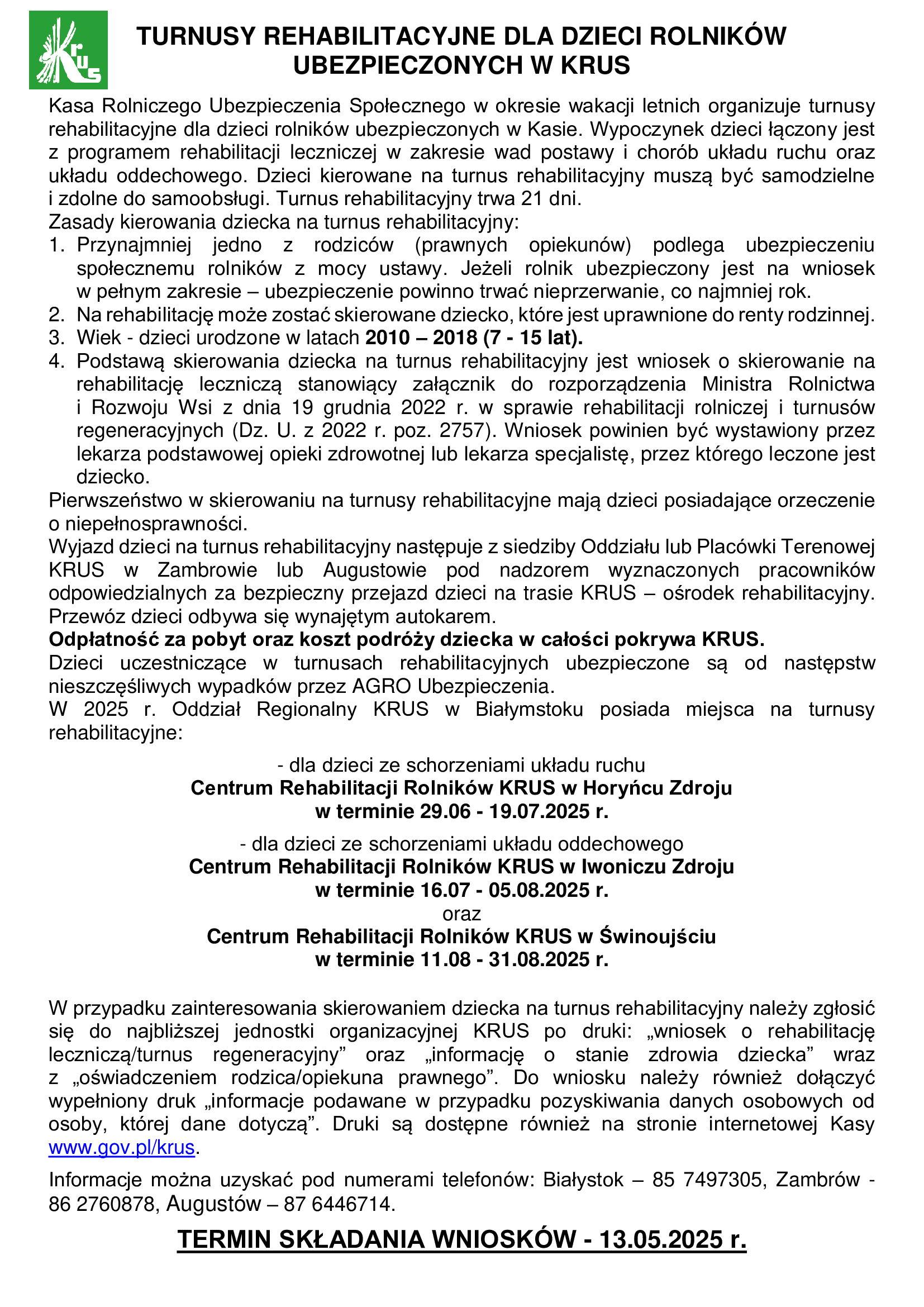 ULOTKA turnusy rehabilitacyjne dla dzieci rolników w 2025 r. docx