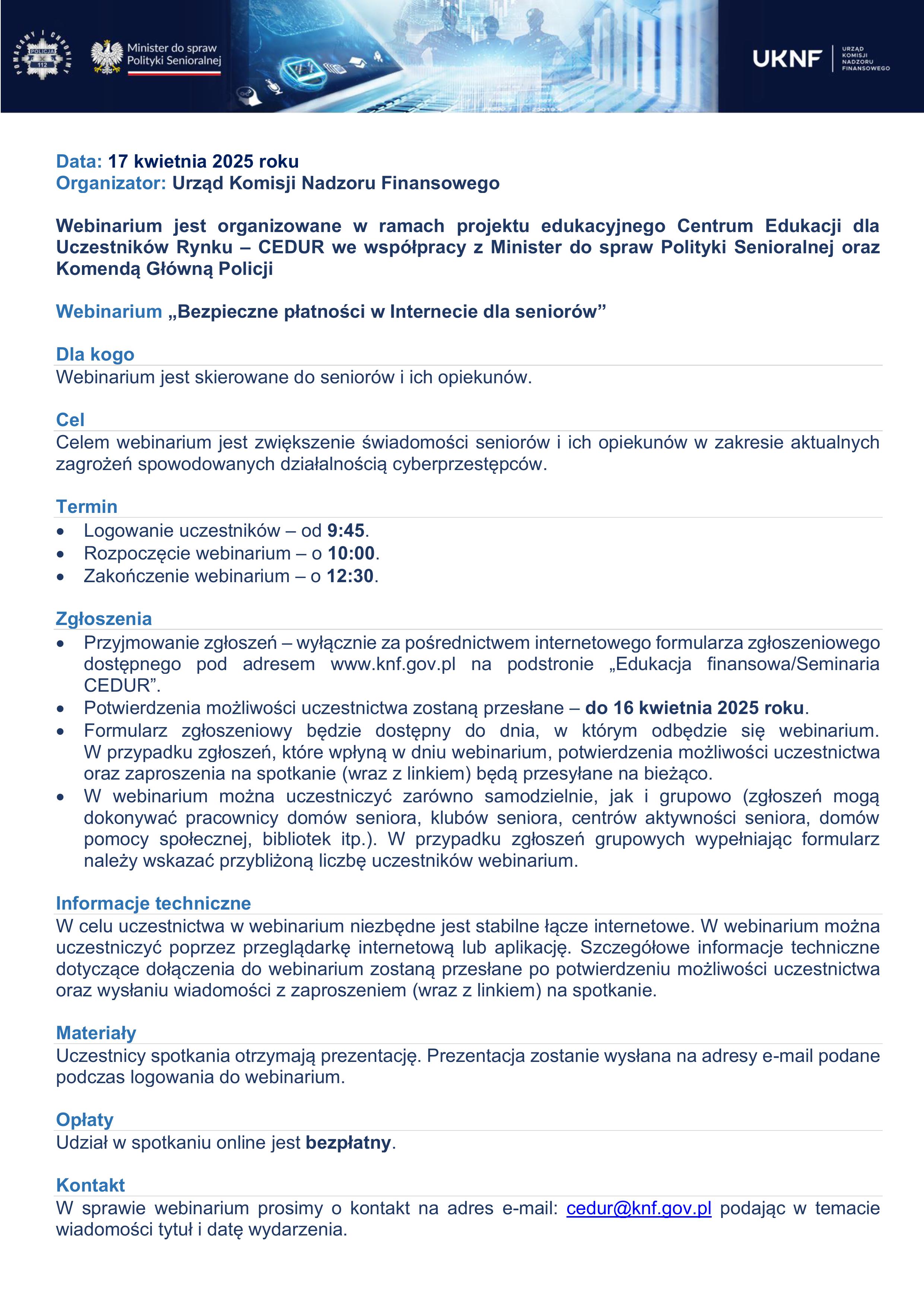 Zał. 1 Program webinarium CEDUR dla seniorów i ich opiekunów 17 kwietnia 2025 roku obrazy 0