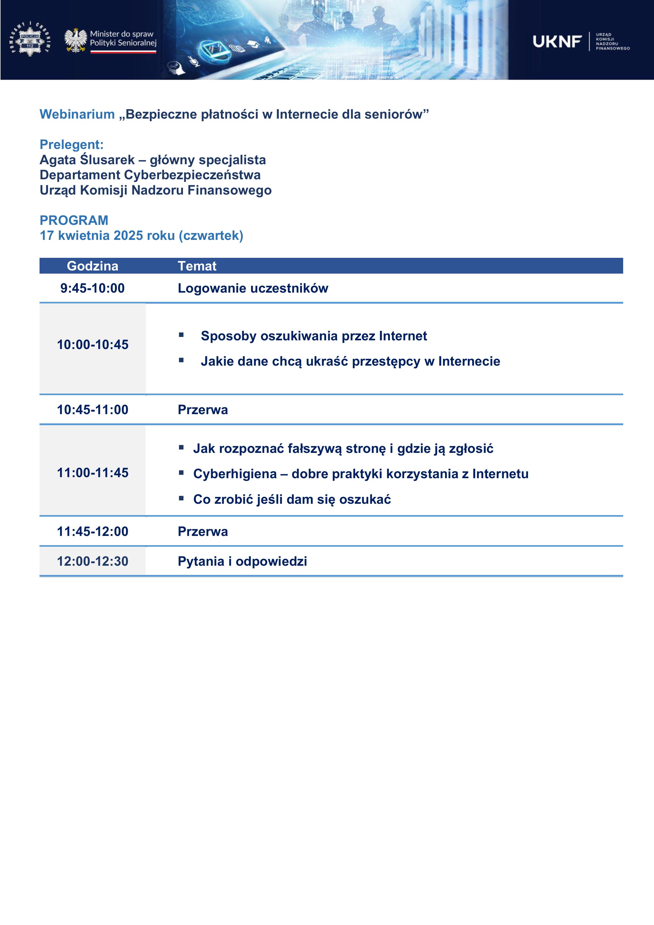 Zał. 1 Program webinarium CEDUR dla seniorów i ich opiekunów 17 kwietnia 2025 roku obrazy 1