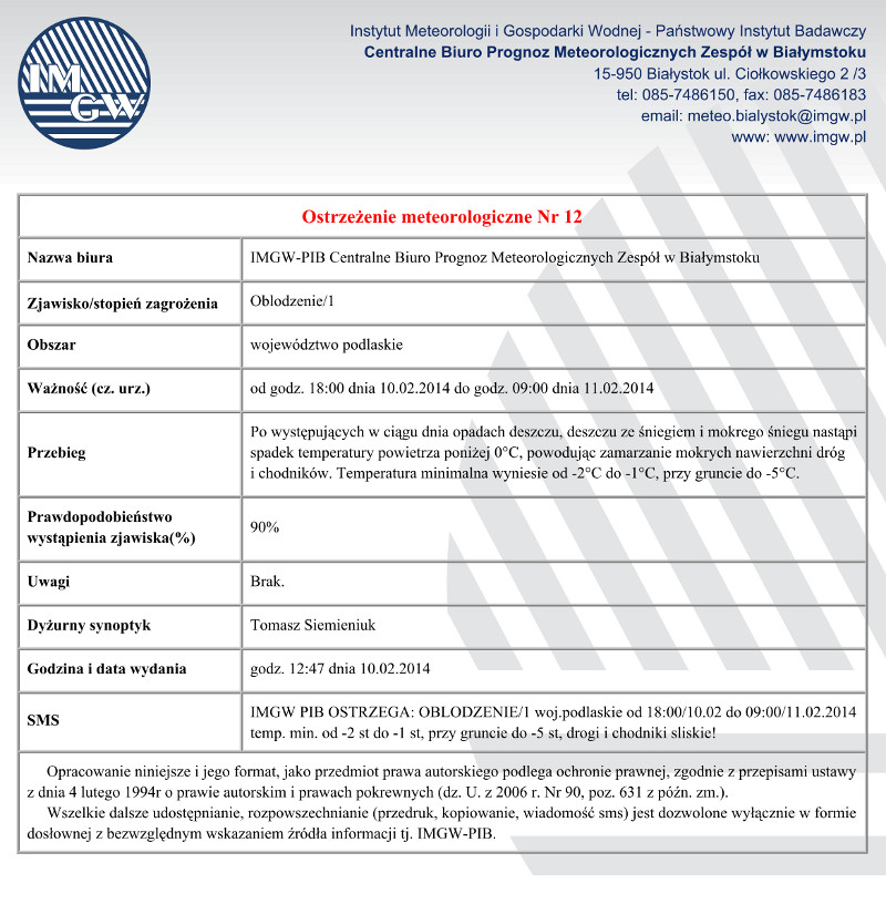 Ostrzeżenie przed oblodzeniami