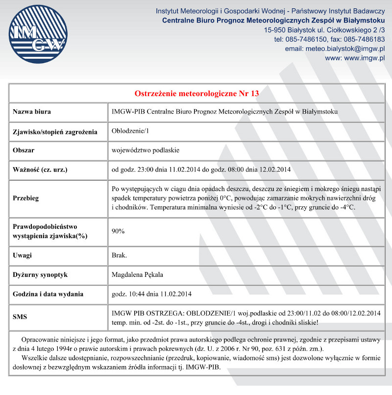 Ostrzeżenie przed oblodzeniami