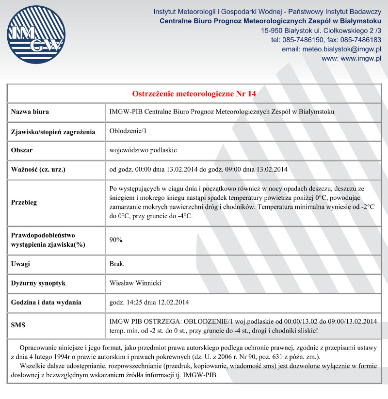 Ostrzeżenie przed oblodzeniami