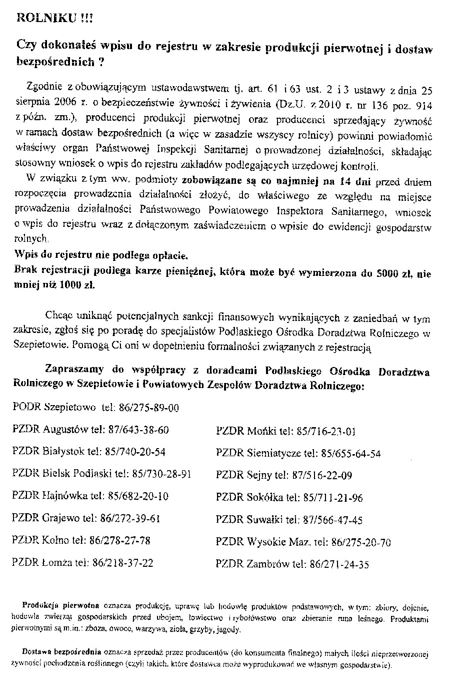 Rejestracja rolników w Sanepidzie