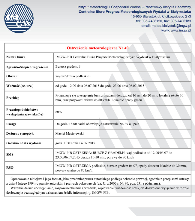 Ostrzeżenie o burzach z gradem