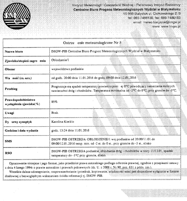 Ostrzeżenie przed oblodzeniami