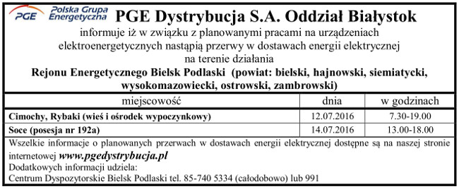 Informacja o wyłączeniach energii w Gminie Narew